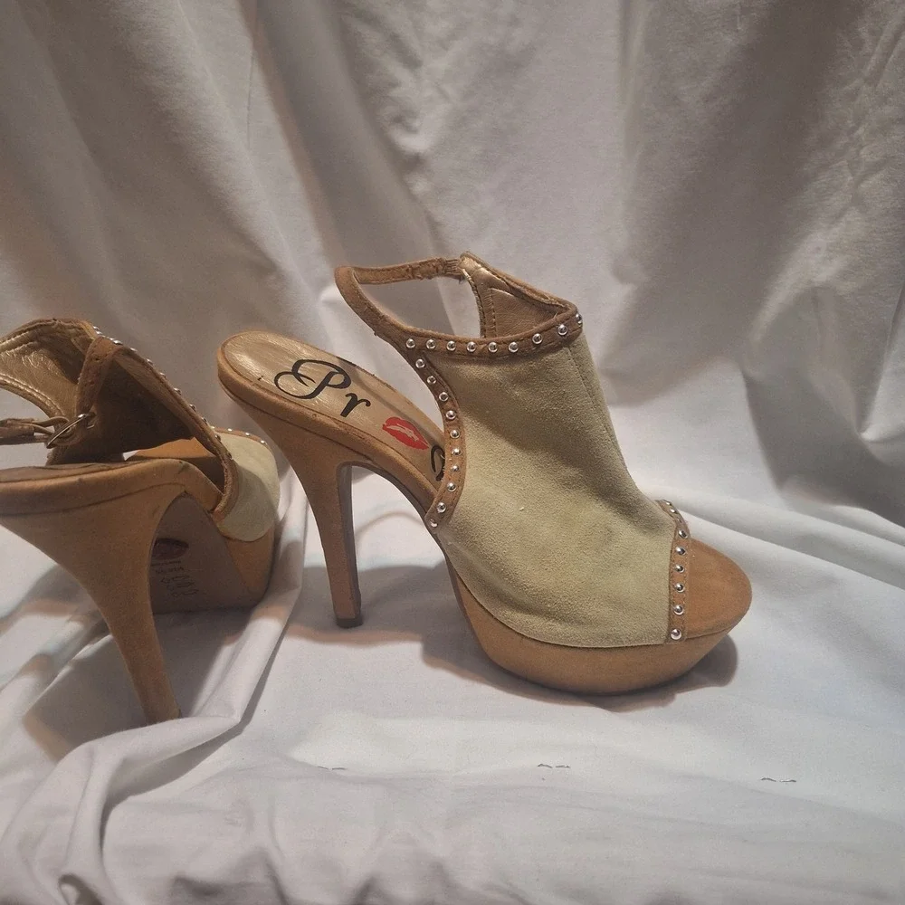 Promise Tan Suede Studded Platform Slingback Stiletto Heels Peep Toe Sandals 5.5